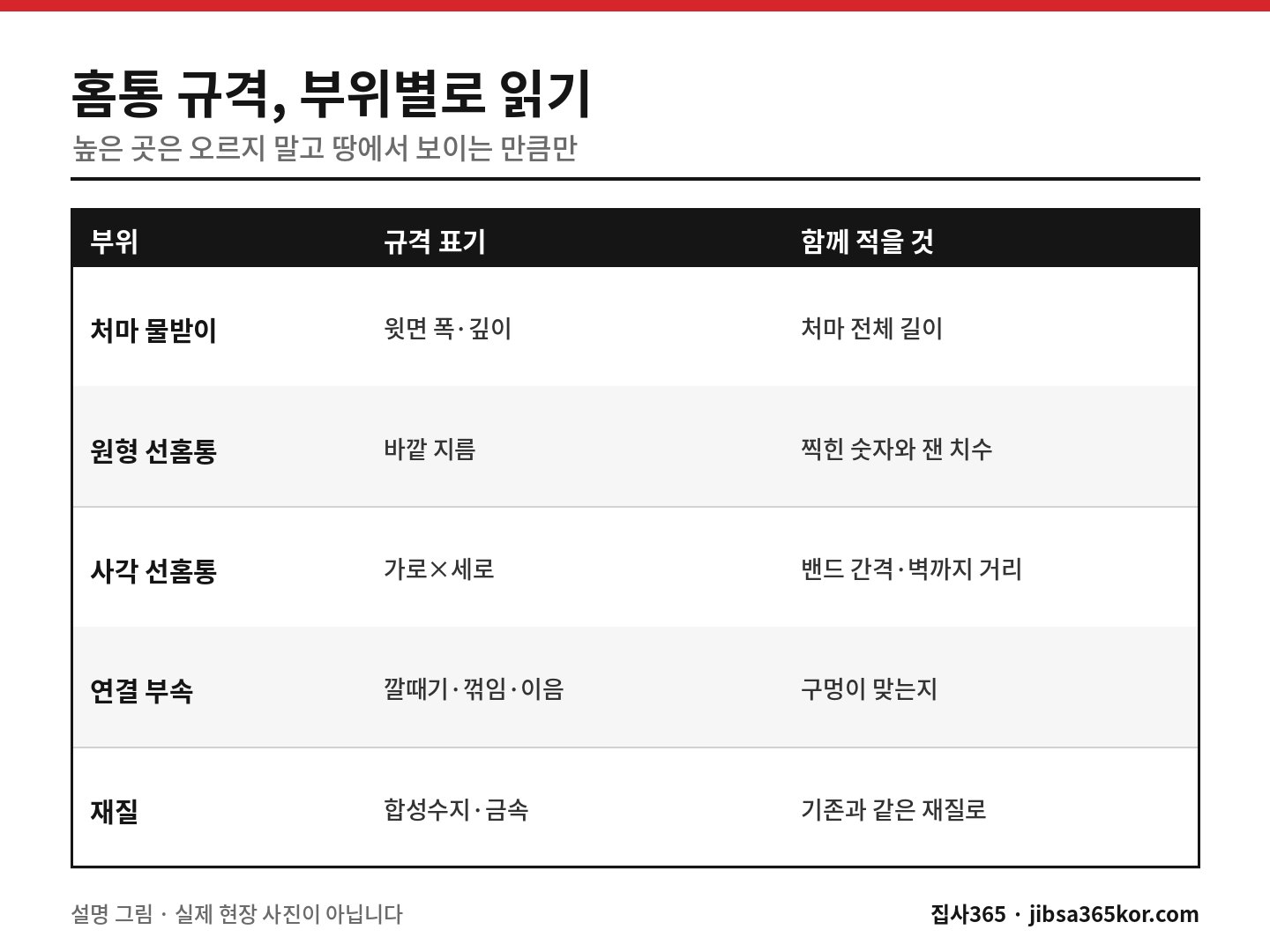 홈통 규격을 처마 물받이·원형과 사각 선홈통·연결 부속·재질로 나눠 읽는 법을 정리한 표 설명 그림 홈통 규격을 처마 물받이·원형과 사각 선홈통·연결 부속·재질로 나눠 읽는 법을 정리한 표 설명 그림